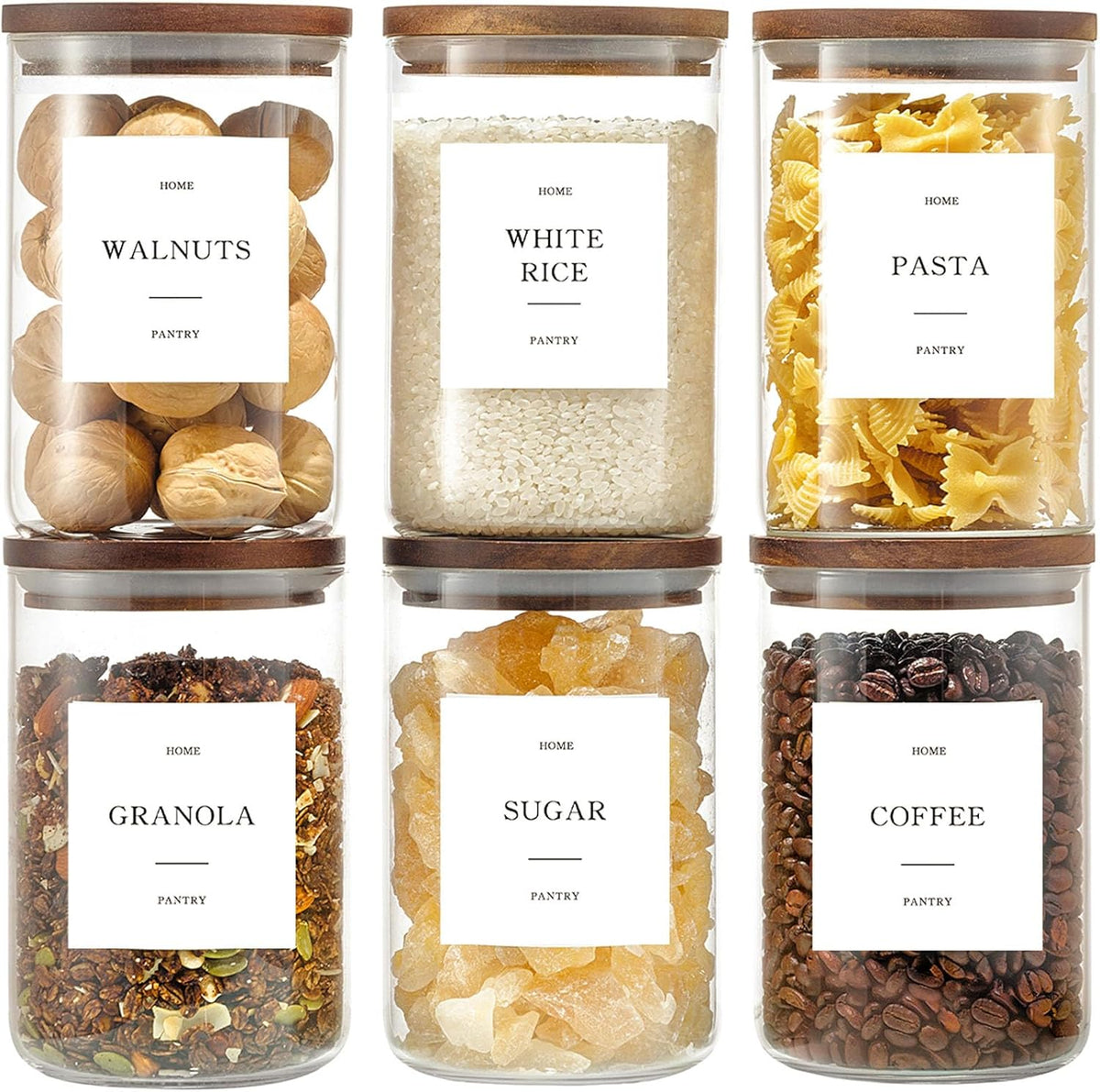 Glass Rice Containers with Acacia Wood Lids, 70oz Airtight Flour and Sugar Jars with 105 Labels, Large Glass Pantry Storage Jars for Cereal, Protein Powder, Cookies, Dry Food