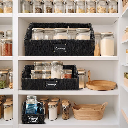 Wonderjune 4 Pcs Water Hyacinth Storage Basket Set Boho Wicker Rattan Pantry Basket with Chalkboard Label Handles Woven Container Kitchen Laundry Large Small for Shelves Food Home Bathroom Decor