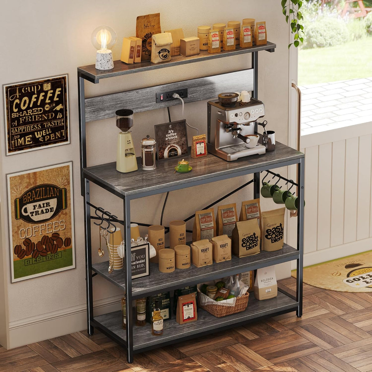 SUPERJARE Kitchen Bakers Rack with Power Outlet, Coffee Bar Table 4 Tiers, Kitchen Microwave Stand with 6 S-shaped Hooks, Storage Shelf Rack for Spices, Pots and Pans - Rustic Brown