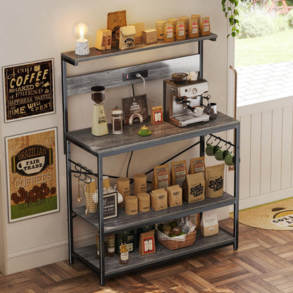 SUPERJARE Kitchen Bakers Rack with Power Outlet, Coffee Bar Table 4 Tiers, Kitchen Microwave Stand with 6 S-shaped Hooks, Storage Shelf Rack for Spices, Pots and Pans - Rustic Brown