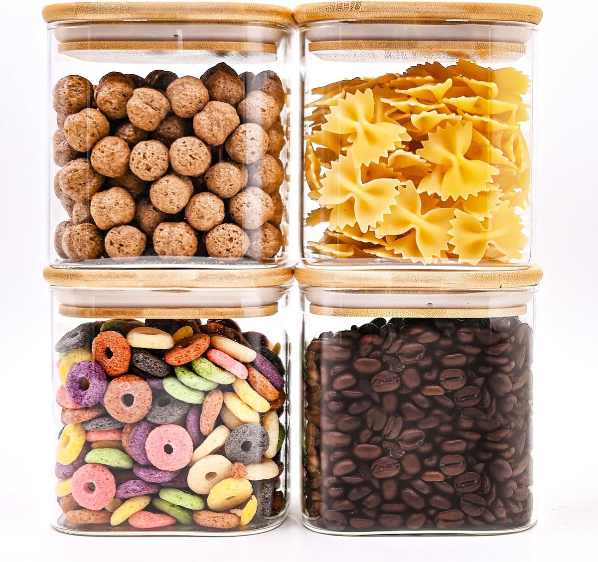 SHOWIN Glass Food Storage Jars Square 37oz, 4 Pack Glass Jars With Bamboo Lids, Kitchen Storage Containers For Spice, Candy, Cookie, Storage For Pantry Organizers
