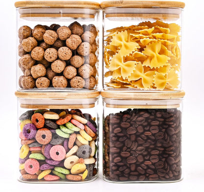 SHOWIN Glass Food Storage Jars Square 37oz, 4 Pack Glass Jars With Bamboo Lids, Kitchen Storage Containers For Spice, Candy, Cookie, Storage For Pantry Organizers
