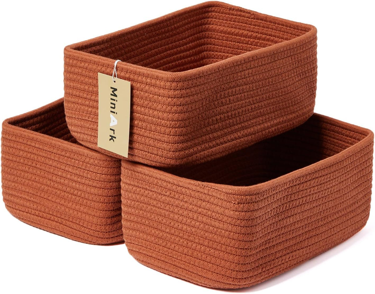 MiniArk Small Storage Baskets for Organizing | Closet Organizer Bins | Shelf Toy Basket | Woven Rope Baskets | Cube Decorative Box | Shallow Basket | L11.5xW7.5xH4.7| Brown