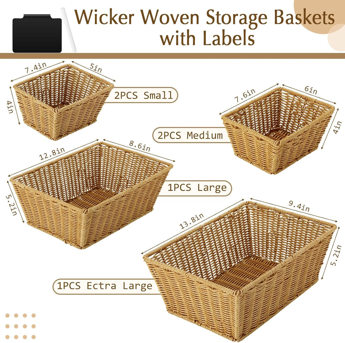 Marsui 6 Pcs Wicker Storage Baskets with Labels Handwoven Multi-size Brown Wicker Storage Bins for Organizing Small Baskets Container for Shelves Closet Pantry Toilet(Brown )