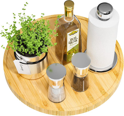 Lazy Susan Organizer, 10 Inch Non-Skid Bamboo Turntable Organizer for Salt Pepper Olive Oil and Spices Next to Stove, Wooden Lazy Susan for Table or Kitchen Countertop Organizer