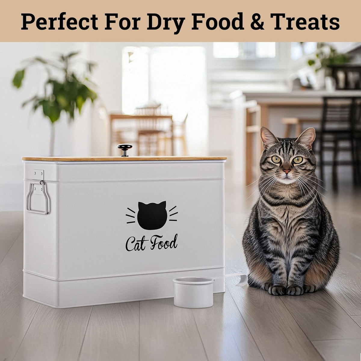Cat Food Storage Container with Scoop - 15 lb (50 Cup) Capacity Metal Cat Food Container with Airtight Bamboo Lid & Metal Scoop - Airtight Pet Food Storage Containers - 15 lb Treats & Kibble Container