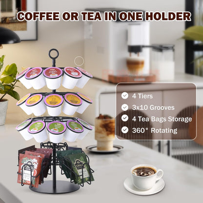 4-Tier K-Cup Holder Compatible with 36 K-Cups, Coffee Pod Carousel, Coffee Pod Storage Stand Detachable Organizer for Countertop, Spins 360-Degrees