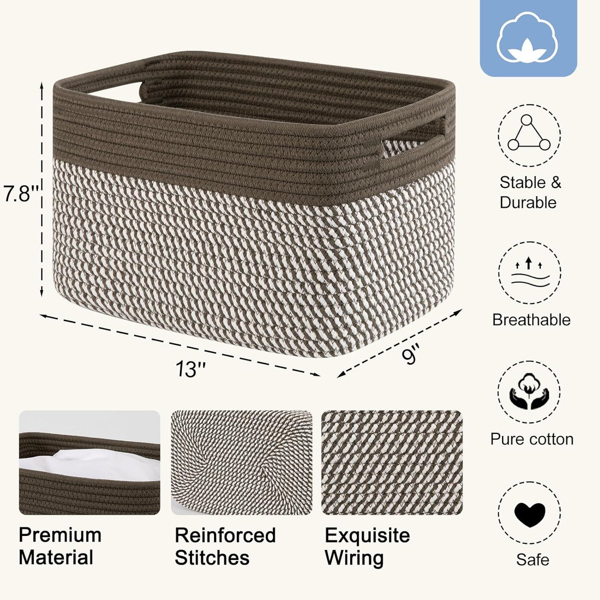 4 Pack Storage Baskets for Organizing, Woven Baskets for Shelves - Perfect for Toys, Books, Towels, and Clothes, Durable Gift Basket Bins Toy Storage, 12.7''Lx9''Wx7.8''H, Brown & White