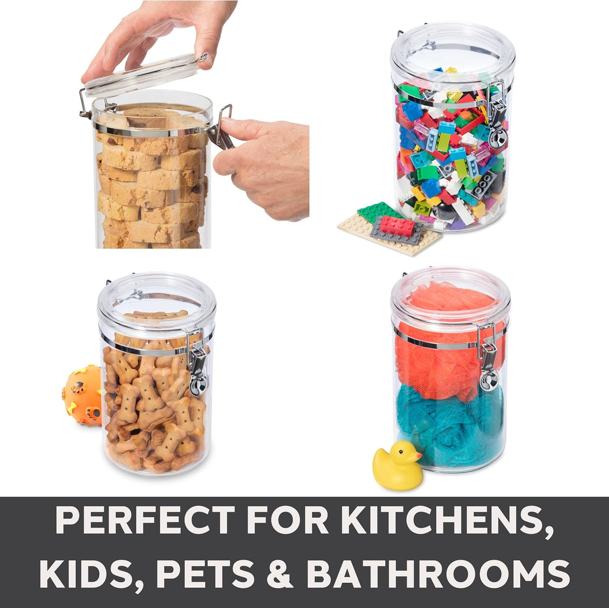 Oggi Clear Canister Set with Clamp Lids & Spoons - Airtight Food Storage Containers, Ideal for Kitchen & Pantry Storage of Bulk, Dry Food Including Flour, Sugar, Coffee, Rice, Tea, Spices & Herbs