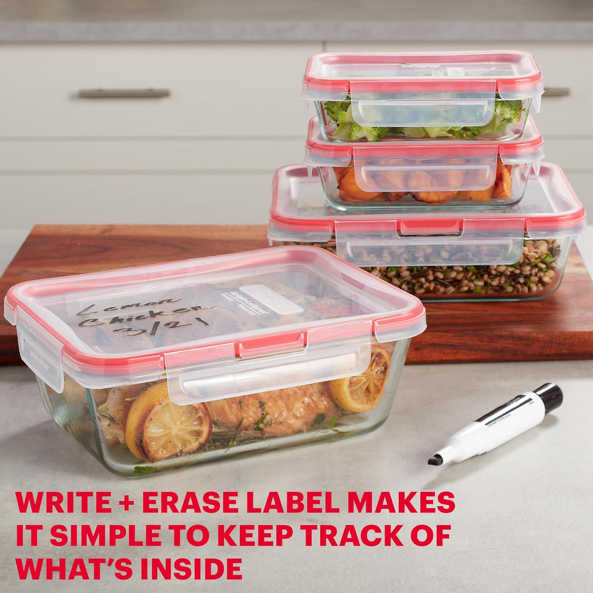 Pyrex Freshlock (4 Cup) Glass Food Storage Containers Set, Airtight & Leakproof Plastic Locking Lids BPA-Free, Meal Prep Containers Set, Freezer Dishwasher Microwave Safe