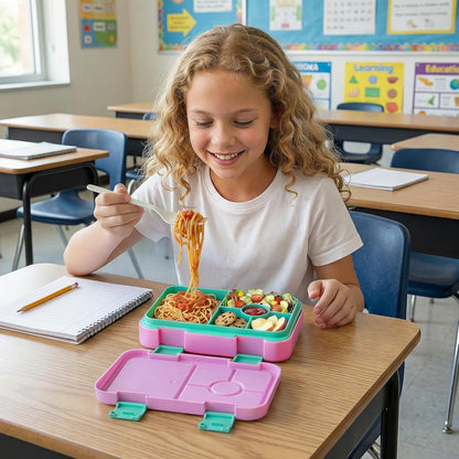 Bento Lunch Box for Kids, 6 Compartments BPA Free, Dishwasher Safe Back to School Snack Bento Lunch Containers Boxes, Ideal Portion Sizes for On-the-Go Meal, Ages 3+, School, Green Patterned