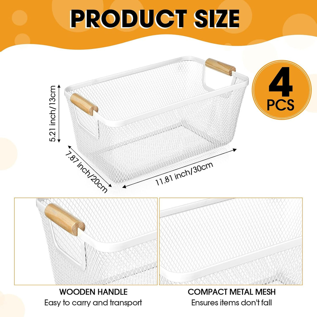 Ziliny 4 Pcs Metal Mesh Wire Baskets with Wooden Handles for Organizing, Pantry Organizers and Storage Steel Bin Kitchen Baskets for Fruit Potato Onion Snacks Bathroom Cabinet(Small,Black)