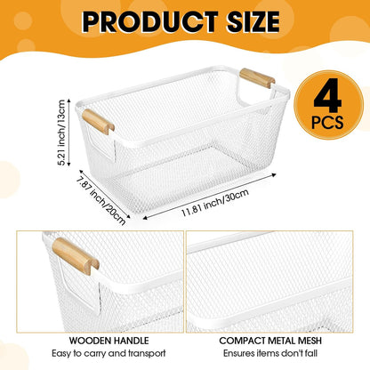 Ziliny 4 Pcs Metal Mesh Wire Baskets with Wooden Handles for Organizing, Pantry Organizers and Storage Steel Bin Kitchen Baskets for Fruit Potato Onion Snacks Bathroom Cabinet(Small,Black)