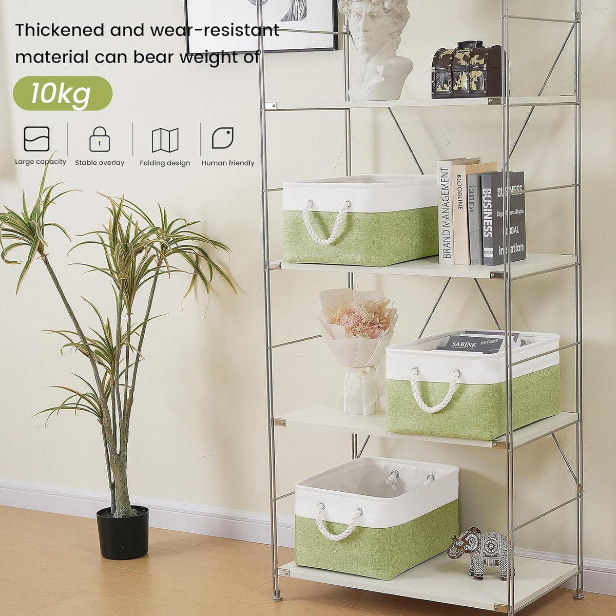 Large Storage Baskets- 15.7x11.8x8.26 inch Storage Bins for Shelves and Closet Organizing, Foldable Fabric Bin for Home Organization Clothes and Laundry (3-Pack, White&Khaki)
