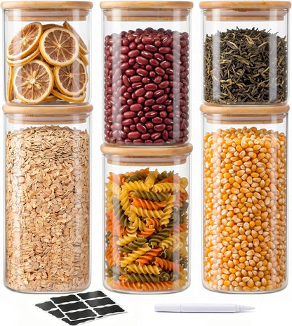 SENTVEND 37 Oz Glass Storage Jars with Bamboo Lids - 6 Pack Clear Glass Canisters Square Airtight Stackable Ideal for Pantry Storage Containers Organizers Great for Storing Oats Coffee Beans Nuts etc