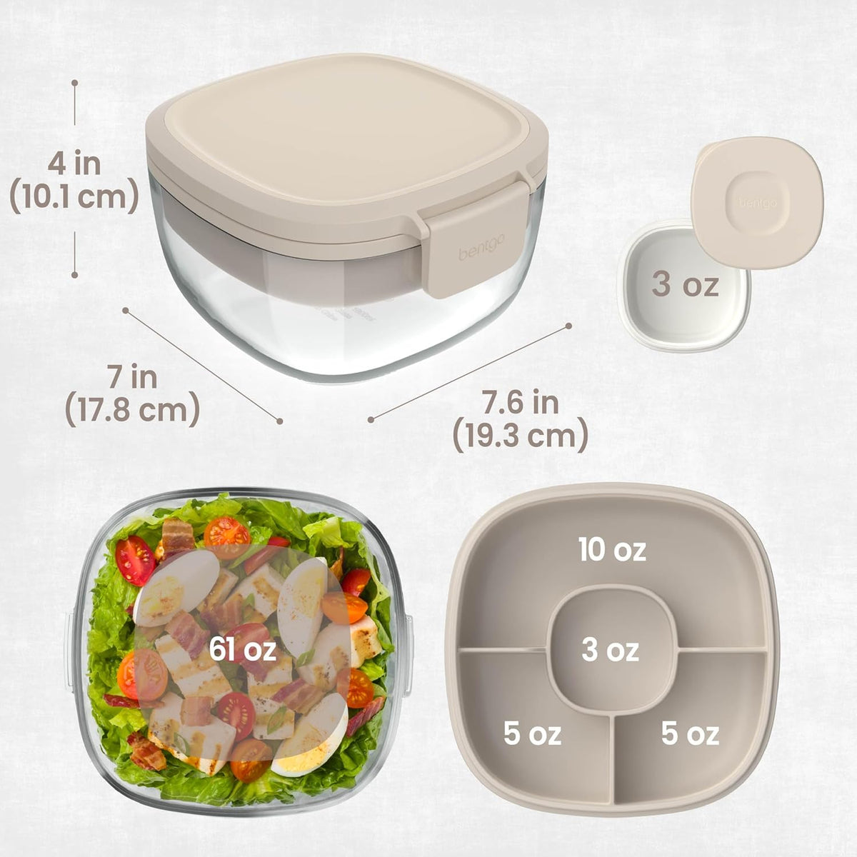 Bentgo Glass Prints Salad Container - 7.6-Cup Tinted Glass Salad Bowl with Airtight Lid, Leak-Proof Sauce Container, 4-Compartment Bento Meal Prep Tray & Reusable Fork (Floral Maximalist - Sea)