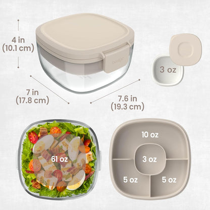 Bentgo Glass Prints Salad Container - 7.6-Cup Tinted Glass Salad Bowl with Airtight Lid, Leak-Proof Sauce Container, 4-Compartment Bento Meal Prep Tray & Reusable Fork (Floral Maximalist - Sea)