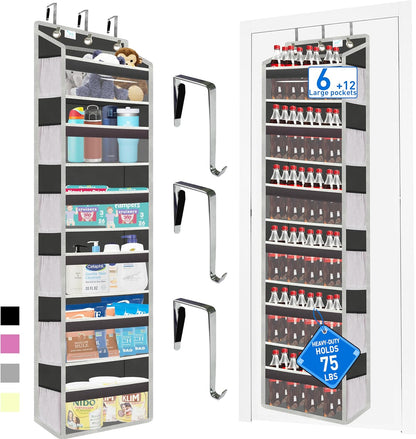 Over the Door Organizer Storage 6 Tier, 12 Large Capacity Side Pockets, Heavy Duty Metal Reinforced Hook Anti Tilt 75 LB Load Behind Door Storage for Bedroom Bathroom Pantry Nursery