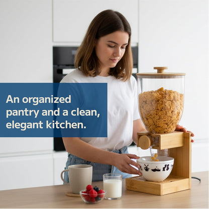 Bamboo Dispenser 3.5Liters (118 fl Oz) , Cereal Dispenser, Storage Container, Snack Bar Station, Dry Food Dispenser, Cereal Dispenser Countertop, House Essentials