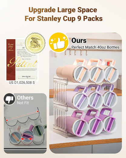 Gracenal Water Bottle Organizer for Stanley Cup Accessories, Cabinet Organizers and Storage for Meoky 40 oz Tumbler with Handle, Fridge Tumbler Organizer Kitchen Gadgets Gifts, 2Pack Large-6-bottle