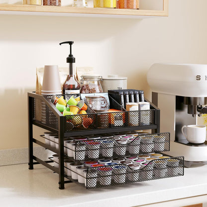 Homsorout Coffee Bar Organizer - Coffee Station for Countertop, Metal and Wood K Cup holder Storage Basket for Coffee Pods, Syrup, Cups, Stirrer, Coffee Condiment, Tea Organizer, Black and Brown