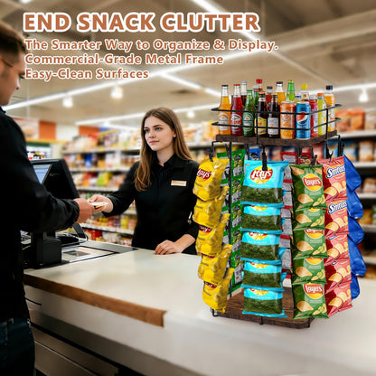 Chip Rack Display Stand, 5-Tier 360° Rotating Organizer with Top Storage Basket for Drinks & Spice Jars, 40 Clips & Snack Tray for Store, Kitchen, Party, Retail Countertop Snack Display (Square Base, Beige)