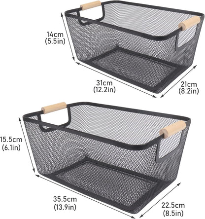 Potato and Onion Storage Bin, 2 Set Potato Bin Storage and Onion Container with Wooden Handle, Pantry Kitchen Organization and Storage, Metal Mesh Baskets for Fruit, Vegetable, Produce-Black