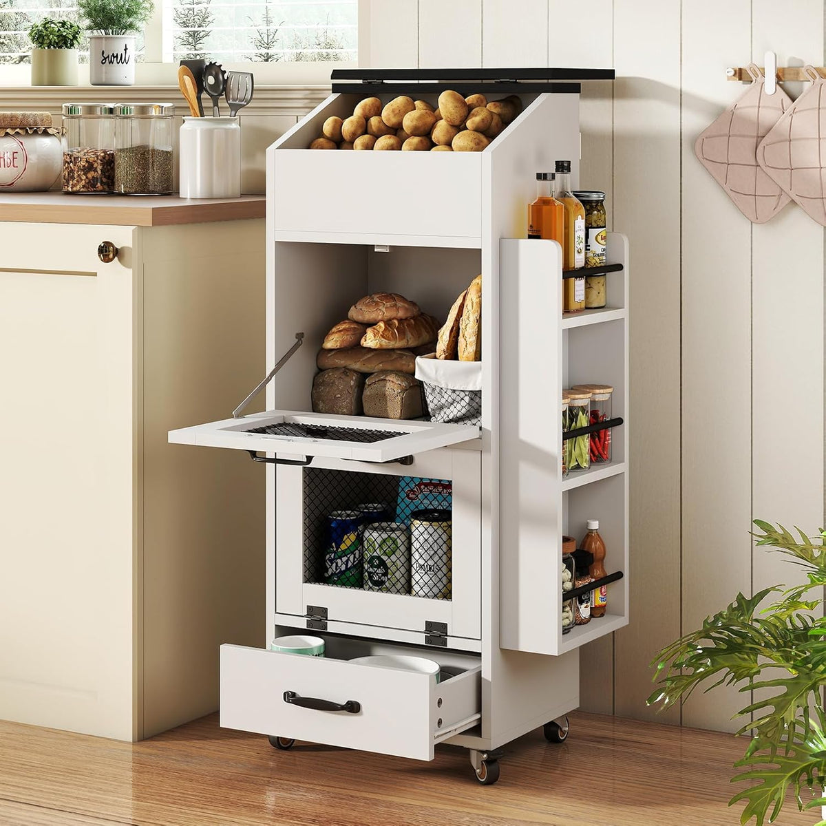 Verano Garden Potato and Onion Storage Bin on Wheels, Wood Bread Box with Lid & Mesh Doors, 4-Tier Rolling Fruit and Vegetable Storage Organizer w/Drawer & Side Rack for Kitchen (Rustic Brown, 16.0")