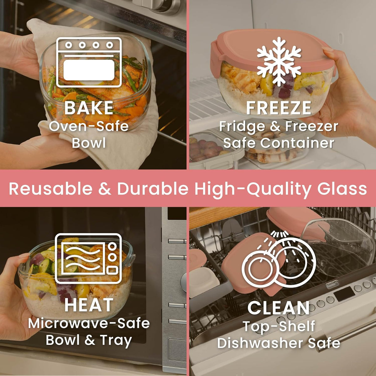 Bentgo Glass Prints Salad Container - 7.6-Cup Tinted Glass Salad Bowl with Airtight Lid, Leak-Proof Sauce Container, 4-Compartment Bento Meal Prep Tray & Reusable Fork (Floral Maximalist - Sea)