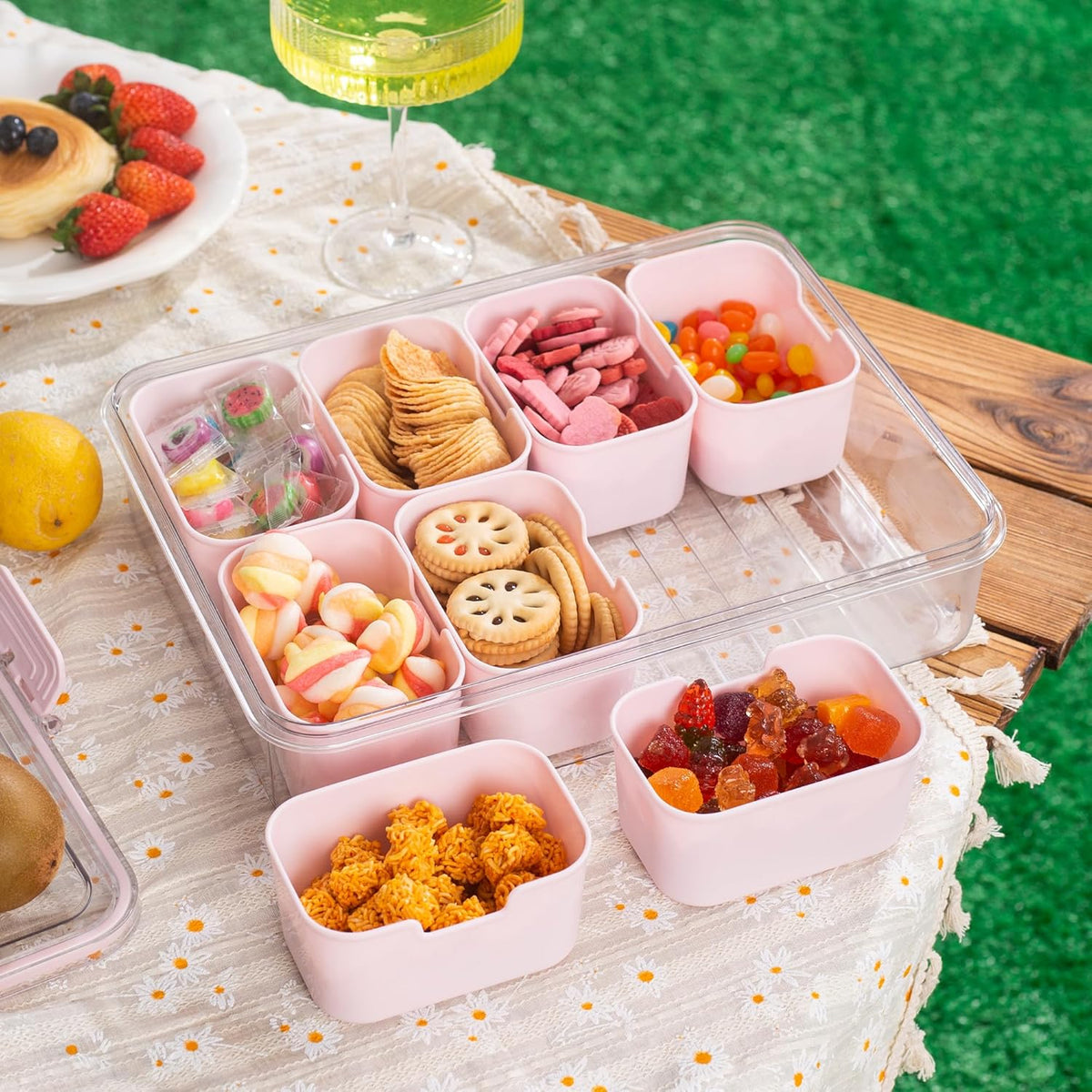 WACOI Divided Snack Serving Tray with Lid and Handle travel Snackle Box Charcuterie Container Portable Storage Organizer for Candy, Fruits, Nuts, Snacks 1Pack White