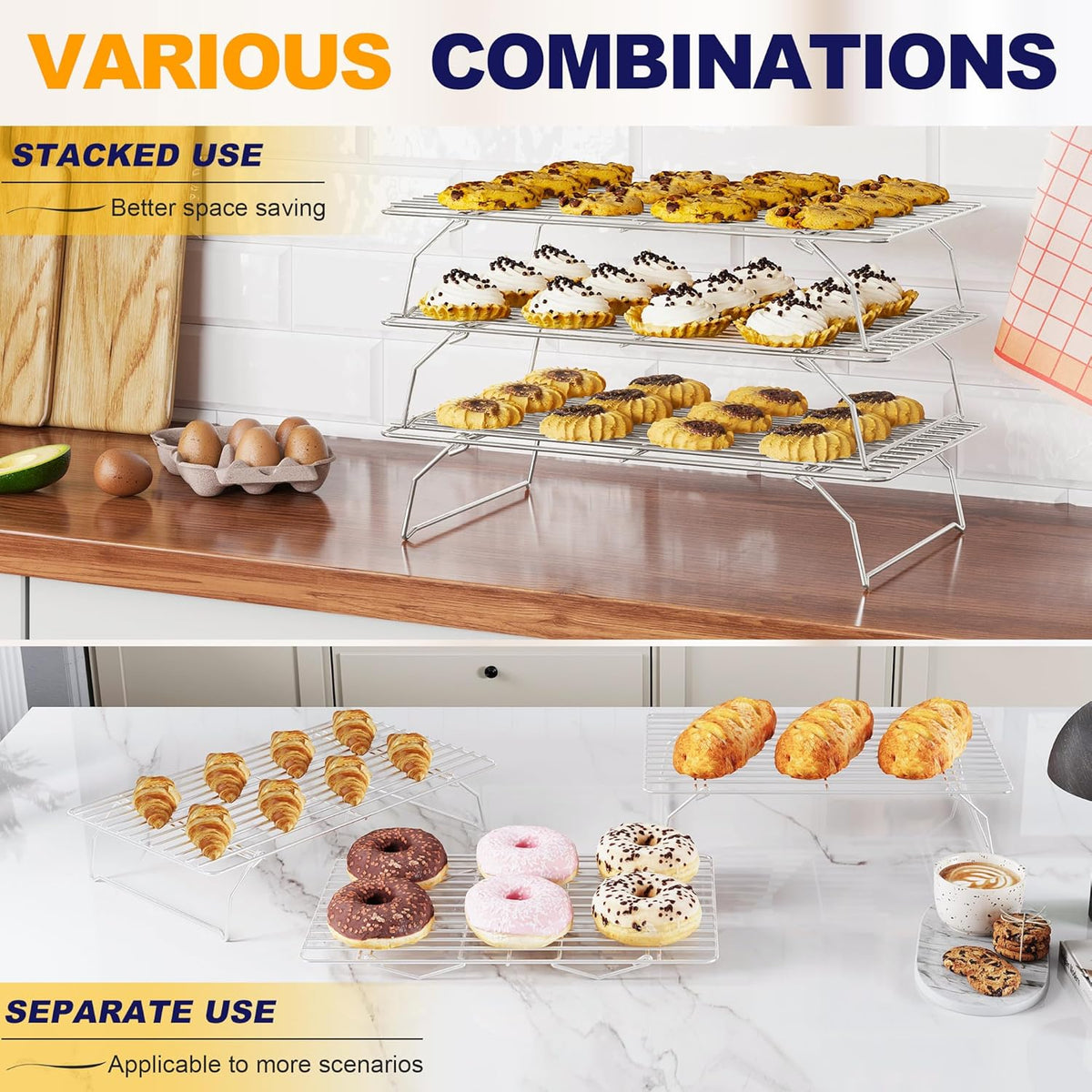 2PCS Cooling Racks for Cooking and Baking - 10" x 15"Heavy Duty Stainless Steel Wire Rack for Baking, Grilling, Roasting - Oven & Dishwasher Safe - Fits Jelly Roll Sheet Pan-Silver