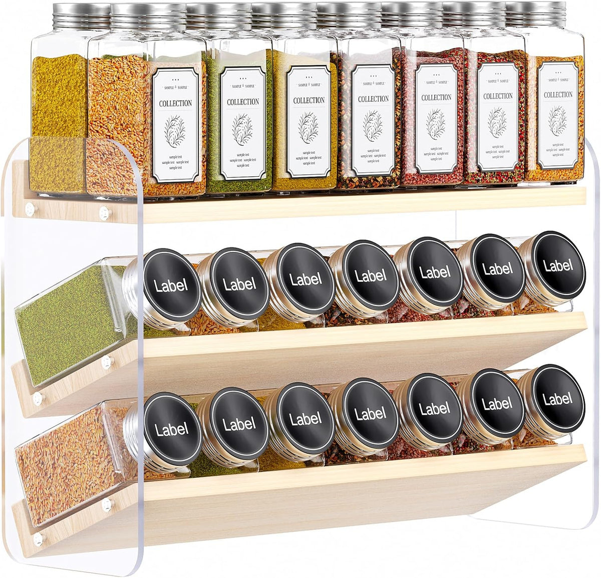 MUDEELA 4 Tier Spice Rack Organizer for Cabinet,Wooden Vertical Spice Shelf, Seasoning Organizer for Countertop, Kitchen, Pantry, Freestanding, 13.4" W × 11.2" H (No Jars Included), White