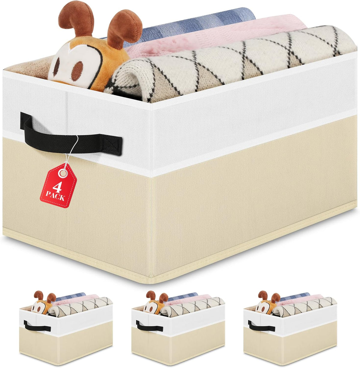Closet Storage Bins, Large Closet Organizer Baskets with Divider & Handles,Trapezoid Fabric Shelf Organizers, Collapsible Storage Cubes for Clothes, Towels, Toys - Beige