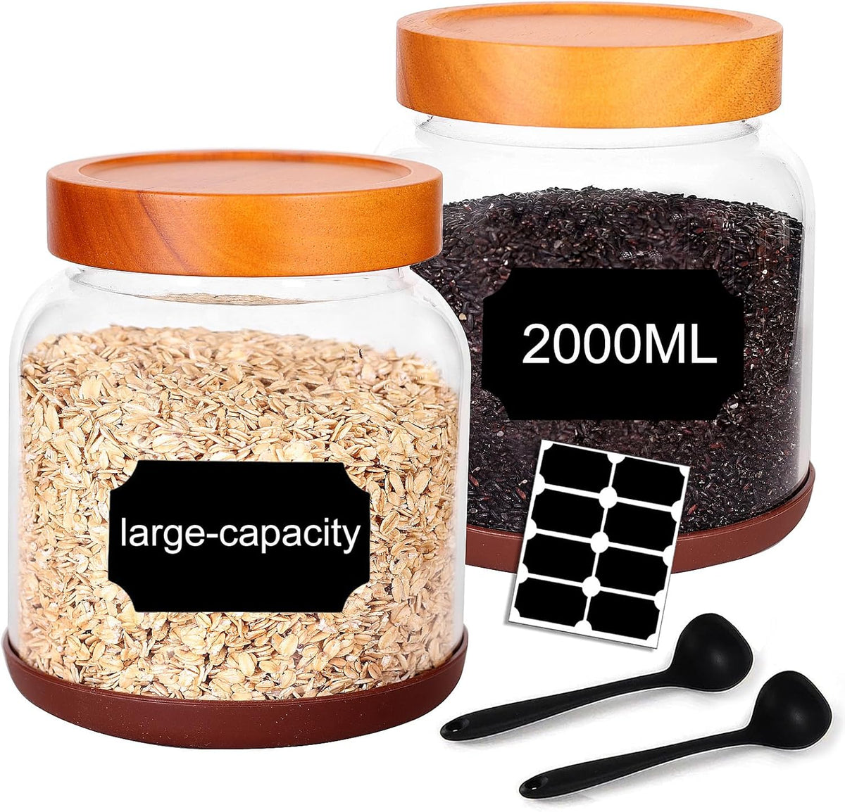 SAIOOL 2-Pack Striped Borosilicate Glass Airtight Canisters - Big mouth Large Capacity, Acacia Wood Lid, Food Storage Jars for Flour, Pasta, Pantry Organization (1/2 Gallon （Yellow Press lid 2 pack）)
