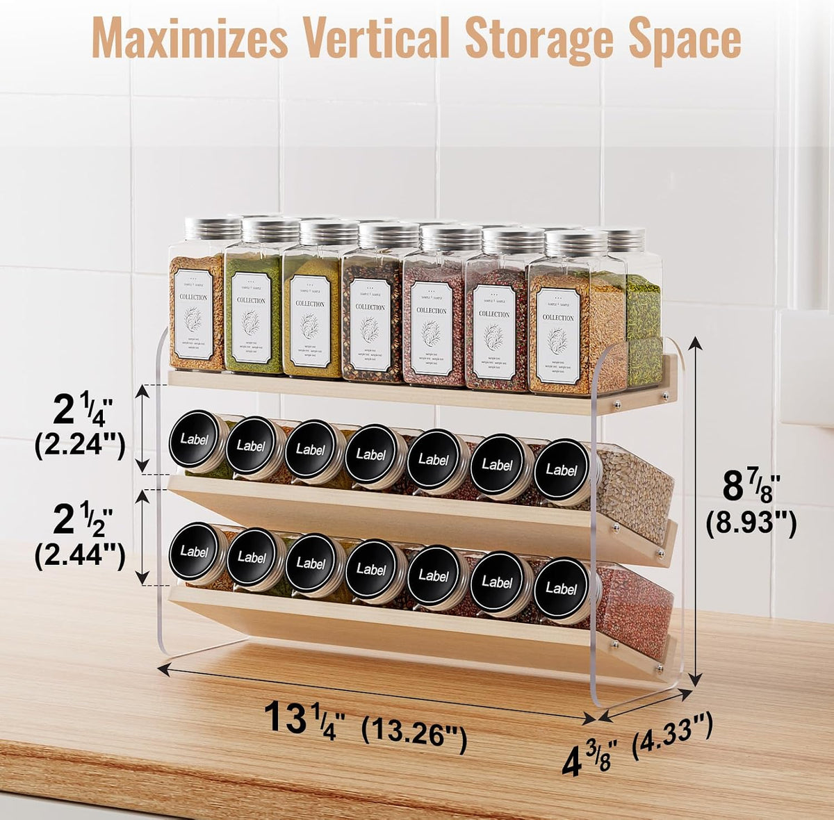 MUDEELA 4 Tier Spice Rack Organizer for Cabinet,Wooden Vertical Spice Shelf, Seasoning Organizer for Countertop, Kitchen, Pantry, Freestanding, 13.4" W × 11.2" H (No Jars Included), White