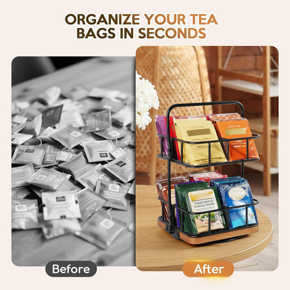 Rotating Tea Bag Organizer – 2 Tier 8 Basket 360° Spinning Teabag Holder Organizer, Acacia Wood Iron Countertop Tea Accessories Rack Holds 100+ Tea Bags, Decorative Kitchen, Coffee Bar Organizer Gift