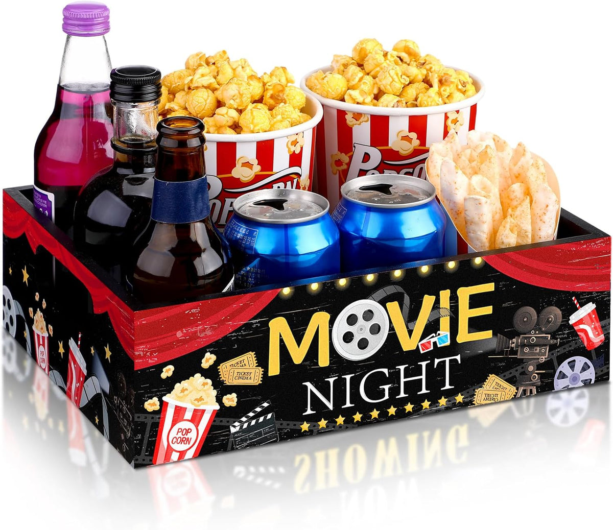 Movie Night Supplies Snack Trays with Handles Reusable Wooden Movie Gift Basket for Theater Popcorn Bucket Bowl Box Container Family Room Decor(Classic Style)