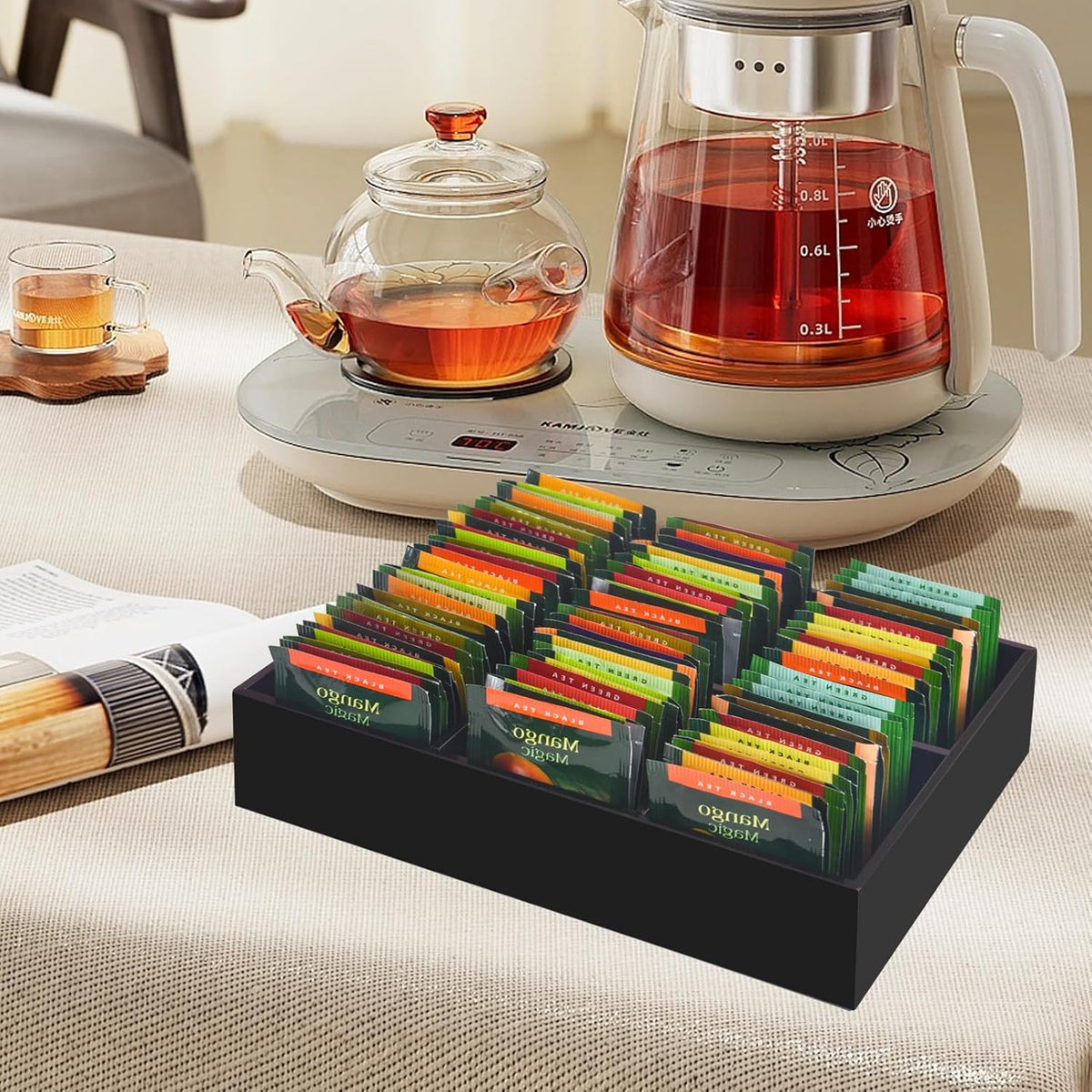 Tasybox Tea Bag Organizer, Clear Acrylic Tea Bag Holder with 6 Slot, Tea Packet Storage for Drawer, Pantry, Kitchen, Cabinet, Countertop