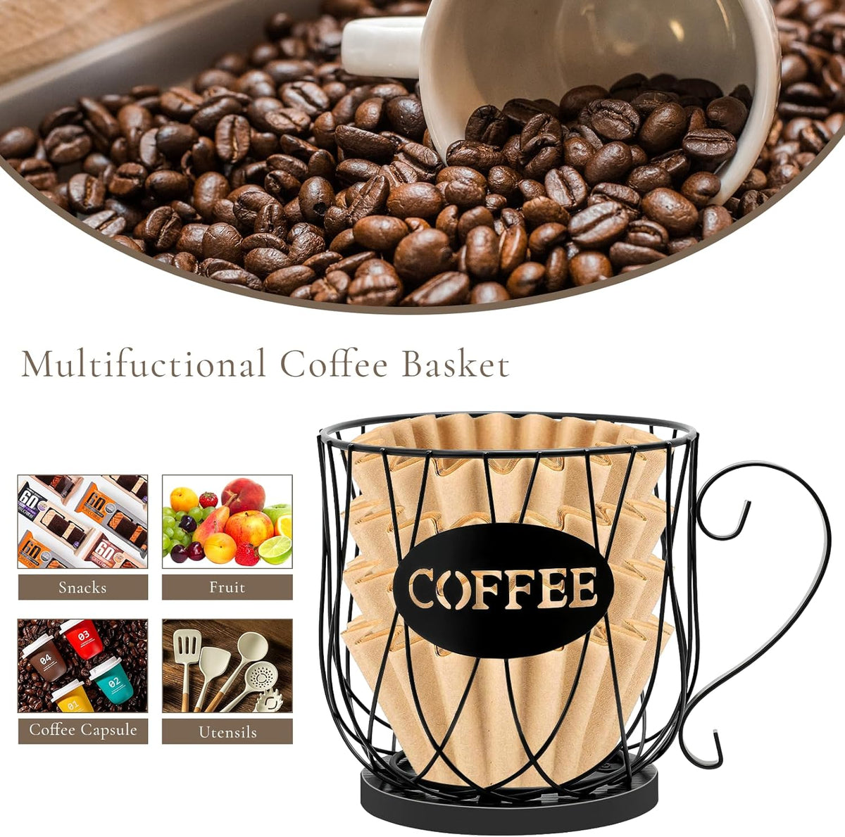 Coffee Pod Holder Organizer,Large Capacity K Cup Holder Organizer, Storage Basket for Kitchen Countertop Office Coffee Bar with Wooden Base(Rustic Brown-Square)