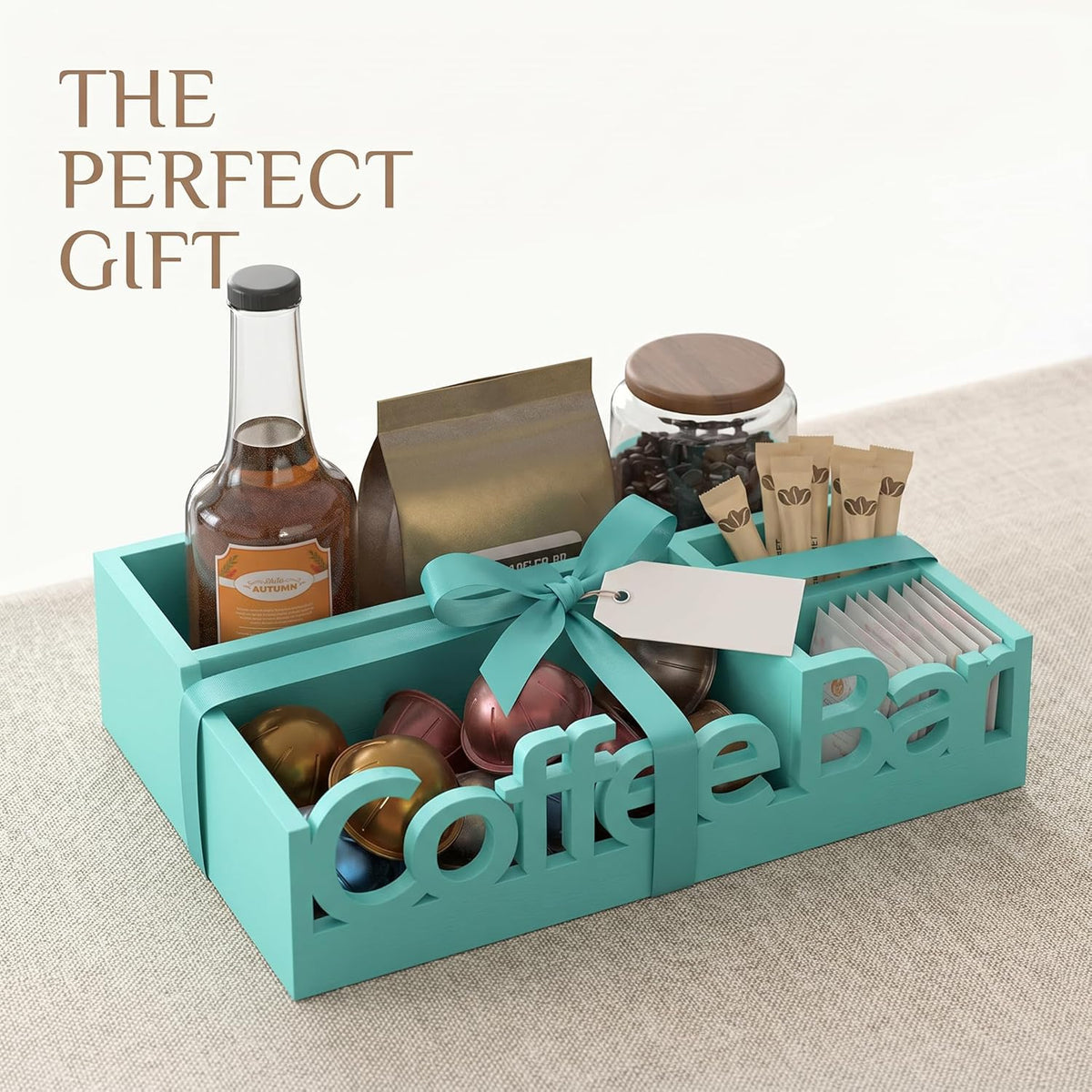 Coffee Bar Organizer for Countertop – Wooden Coffee Caddy with Compartments for Pods, Sugar Packets, and Accessories – Coffee Condiment Station Storage for Home and Office (Black)