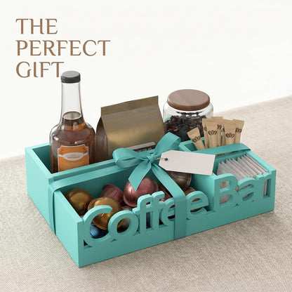 Coffee Bar Organizer for Countertop – Wooden Coffee Caddy with Compartments for Pods, Sugar Packets, and Accessories – Coffee Condiment Station Storage for Home and Office (Black)
