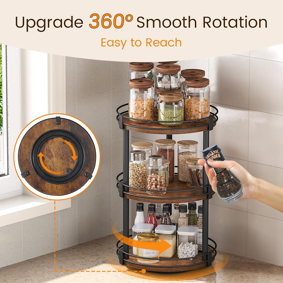Snughome Rotating Spice Rack, 2 Tier Lazy Susan Organizer, Wood Kitchen Countertop Organizer, Brown Lazy Susan Turntable for Cabinet, 10.2" x 10.2" x 10.4"