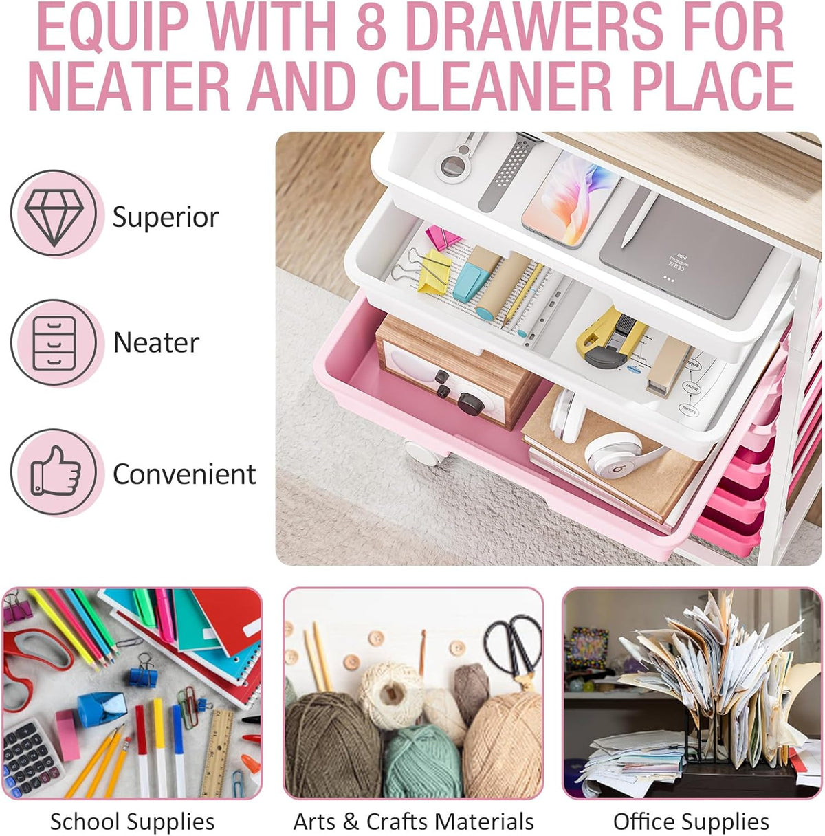 Rolling Cart with Drawers, Pink Cart with 8 Plastic Drawer Storage and Wooden Tabletop, Craft Storage, Teacher Cart, Storage Cart on Wheels, Rose Pink