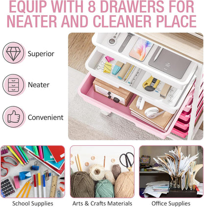 Rolling Cart with Drawers, Pink Cart with 8 Plastic Drawer Storage and Wooden Tabletop, Craft Storage, Teacher Cart, Storage Cart on Wheels, Rose Pink