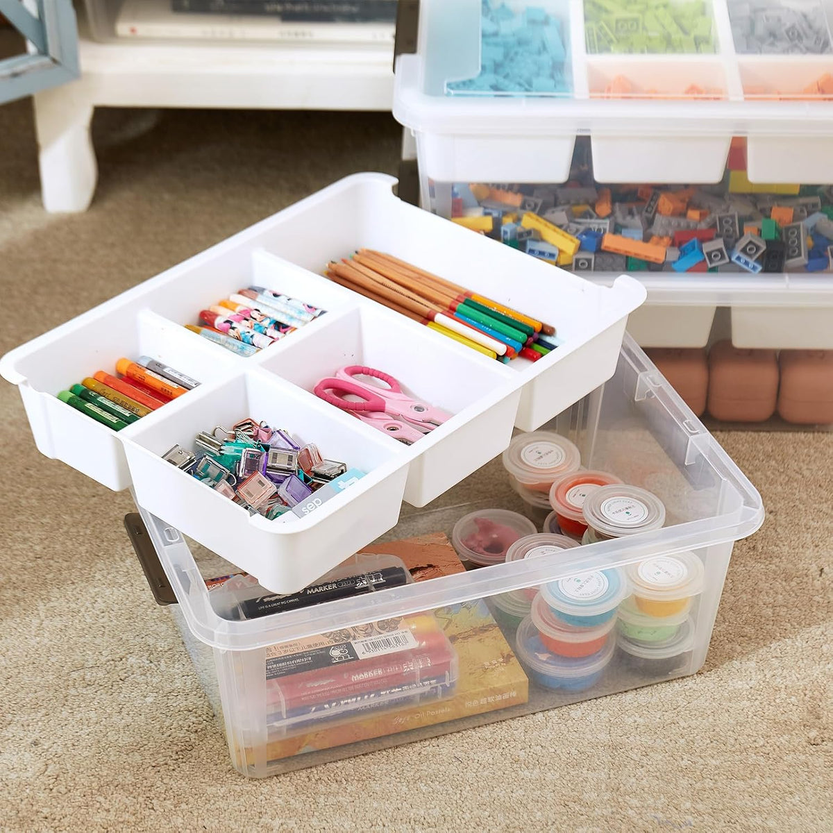 MACOPRO 17 QT Plastic Storage Box with Removable Tray, Bins with Lids, Clear Storage Container for Craft Supplies, Beads, Tools, Sewing, and Playdoh Organization (White, -17QT)
