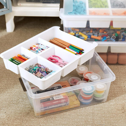 MACOPRO 17 QT Plastic Storage Box with Removable Tray, Bins with Lids, Clear Storage Container for Craft Supplies, Beads, Tools, Sewing, and Playdoh Organization (White, -17QT)