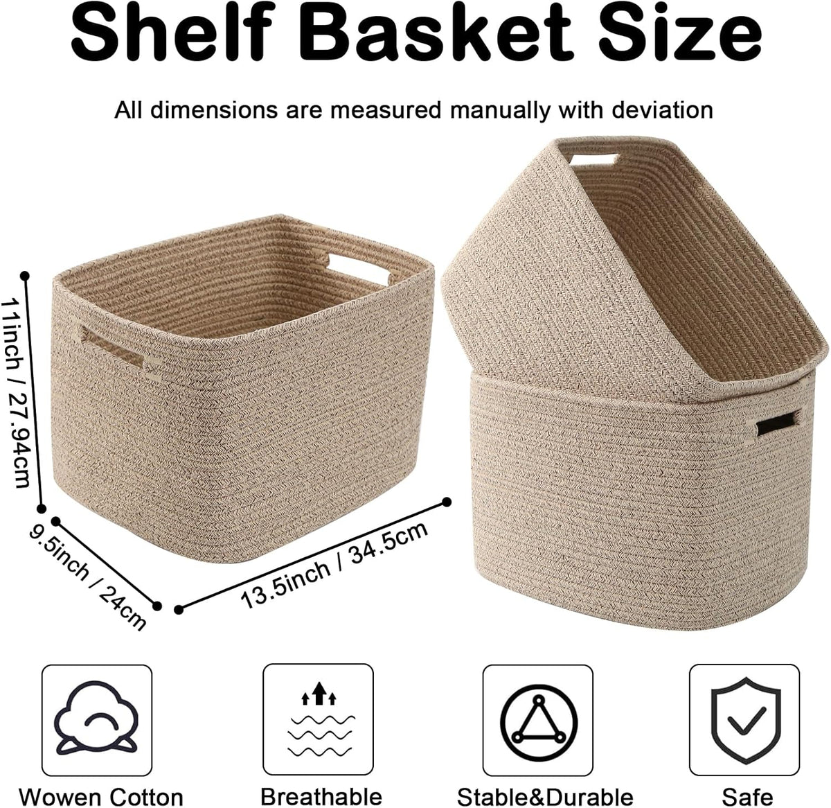 3 Pack Woven Rope Storage Baskets for Shelves,13.5"×11"×9.5" Storage Bins with Handles,Empty Gift Baskets,Nursery Organizer for Toys,Towels,Books,Closet,Living Room,Bedroom (White & Brown)