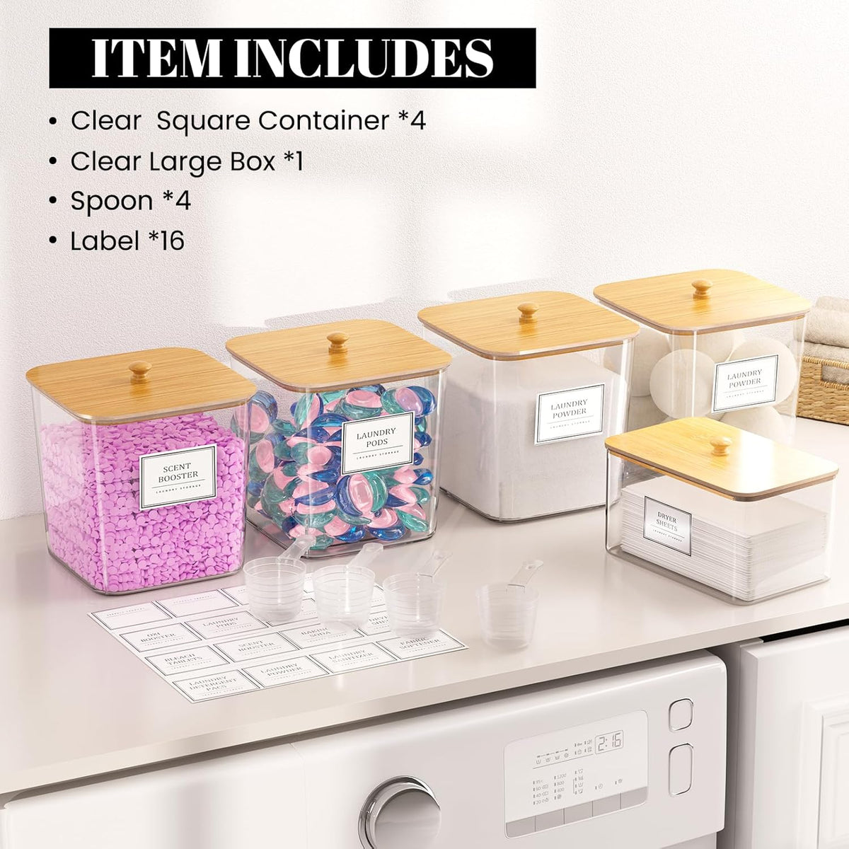 HomePekite Laundry Pods Storage Container, Clear Laundry Room Organization and Storage,Detergent Powder Container,with Wooden Lids & Labels, 3+