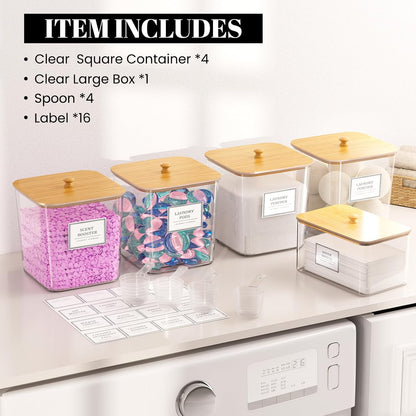 HomePekite Laundry Pods Storage Container, Clear Laundry Room Organization and Storage,Detergent Powder Container,with Wooden Lids & Labels, 3+