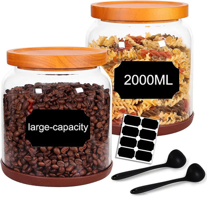 SAIOOL 2-Pack Striped Borosilicate Glass Airtight Canisters - Big mouth Large Capacity, Acacia Wood Lid, Food Storage Jars for Flour, Pasta, Pantry Organization (1/2 Gallon （Yellow Press lid 2 pack）)